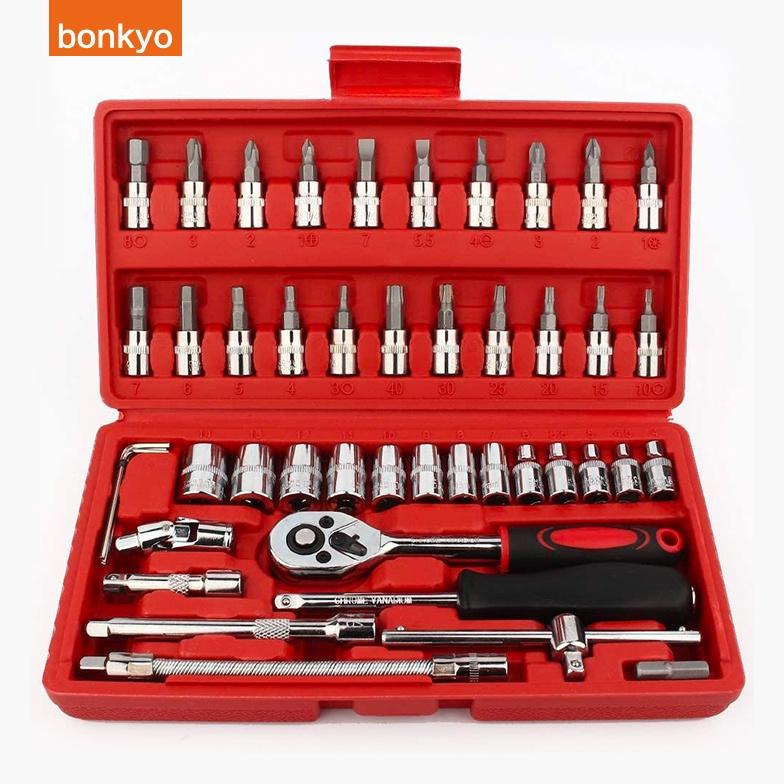 BONKYO KUNCI SOK 46 PC SET SOCKET (1/4 ")  FULL LENGKAP SOCKET TOOL KIT PAS RING L MOTOR MOBIL TERLA