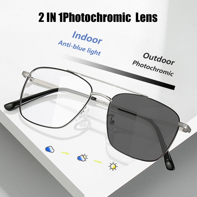 Fashion Metal Anti Radiation Eyeglasses Photochromic Retro Double Beam with Replaceable Lenses