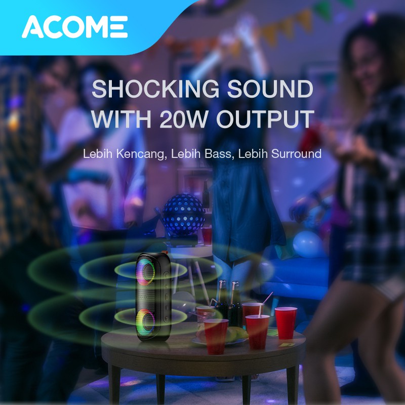 ACOME Super Bass Speaker Bluetooth 5.0 20W IPX7 Waterproof RGB Light Rhyme Rave Party A20