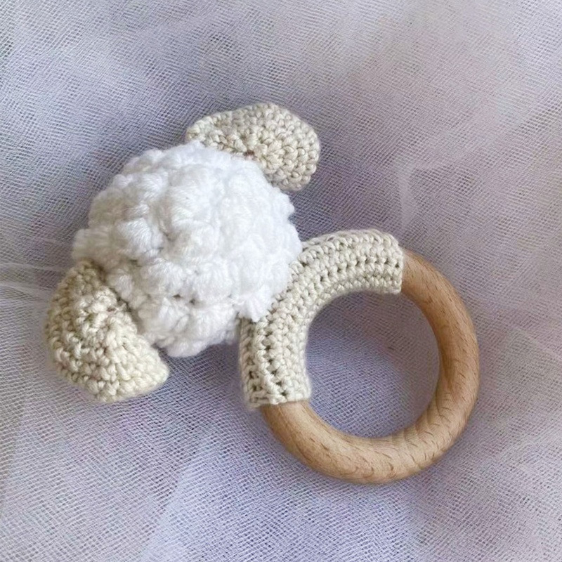 Mary Mainan Rattle Teether Kayu Bentuk Domba Crochet DIY Untuk Bayi Newborn