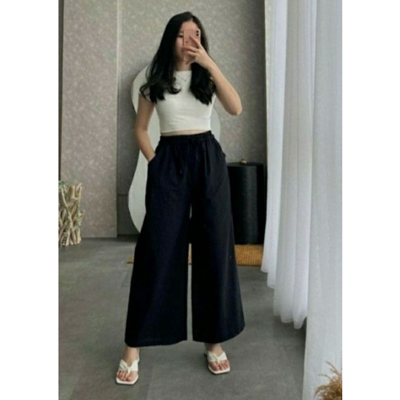 Celana Kulot wanita Linen rami SEOUL Highwaist Premium Pinggang Full karet Lembut Cod muat sampai BB 70 Kg