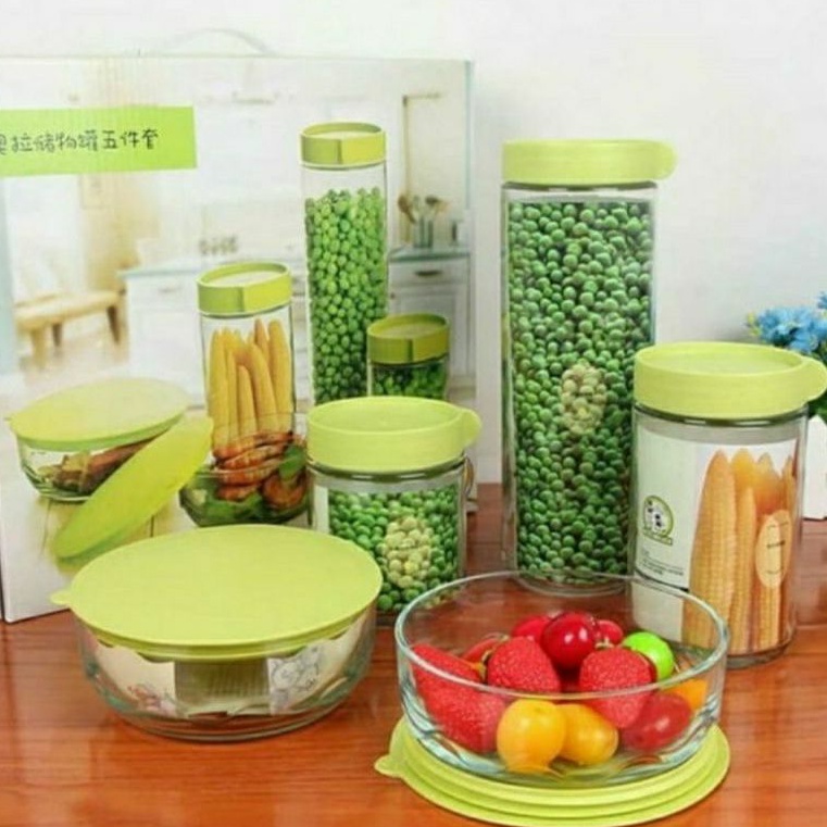 Toples Mangkok Kaca Glassware Set 5pcs Glass Jar Bawl Topled Serbaguna