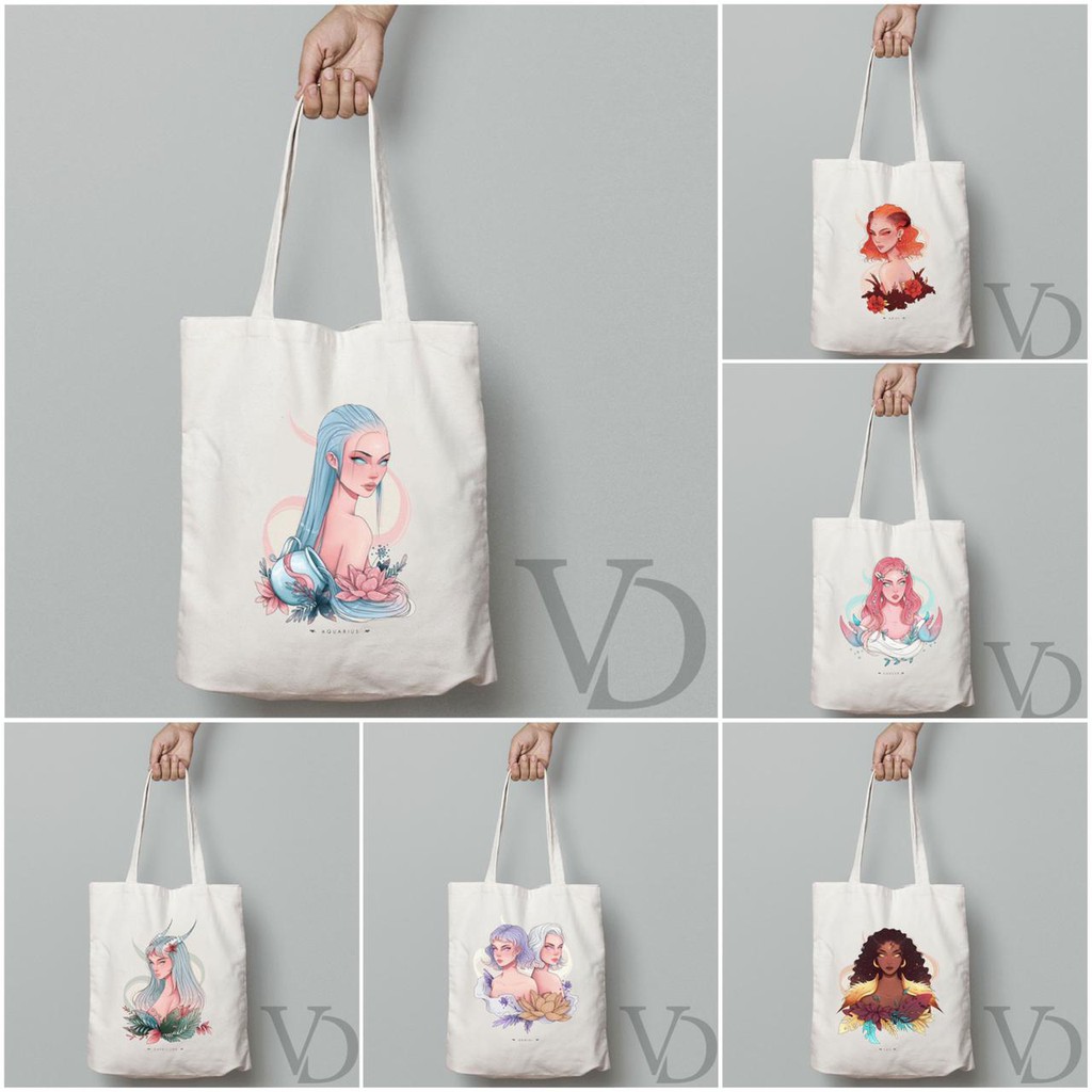 TOTE BAG BAHAN KANVAS MOTIF ZODIAC ART TERBARU / AESTHETIC TOTE BAG / TAS BELANJA MOTIF ZODIAK