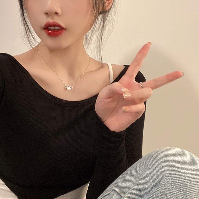 Roselife Kalung Rantai Dengan Liontin Hati + Sayap Cupid Aksen Kristal Untuk Wanita