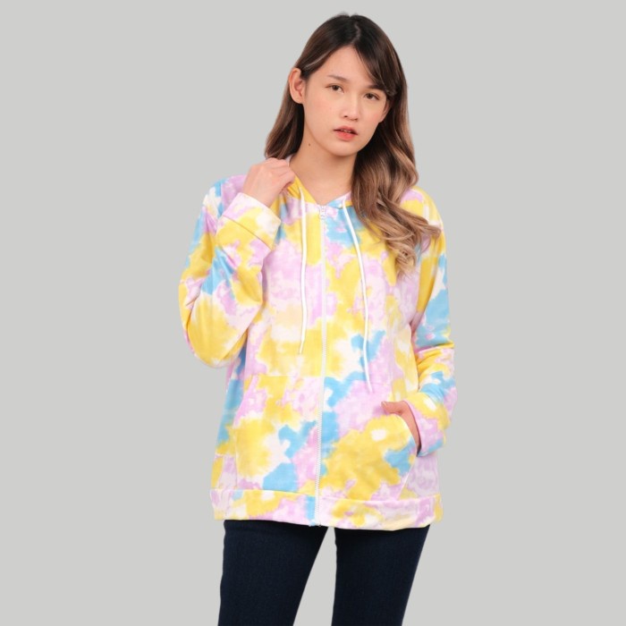 Jaket Wanita Monellina REBANI Jaket Oversize Wanita Hoodie Tie Dye - Kuning, XXL(O2T3) REAL PICT Hoo