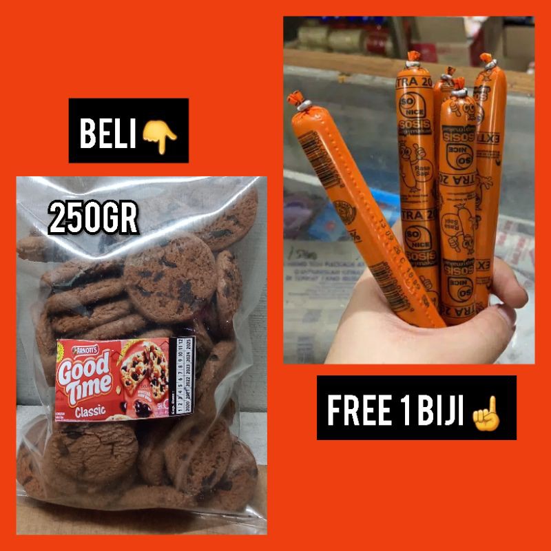 

GOOD TIME 250gr GRATIS SOSIS SO NICE SAPI 1 BIJI BELI 1 GRATIS 1 GOODTIME GRATIS SOSIS