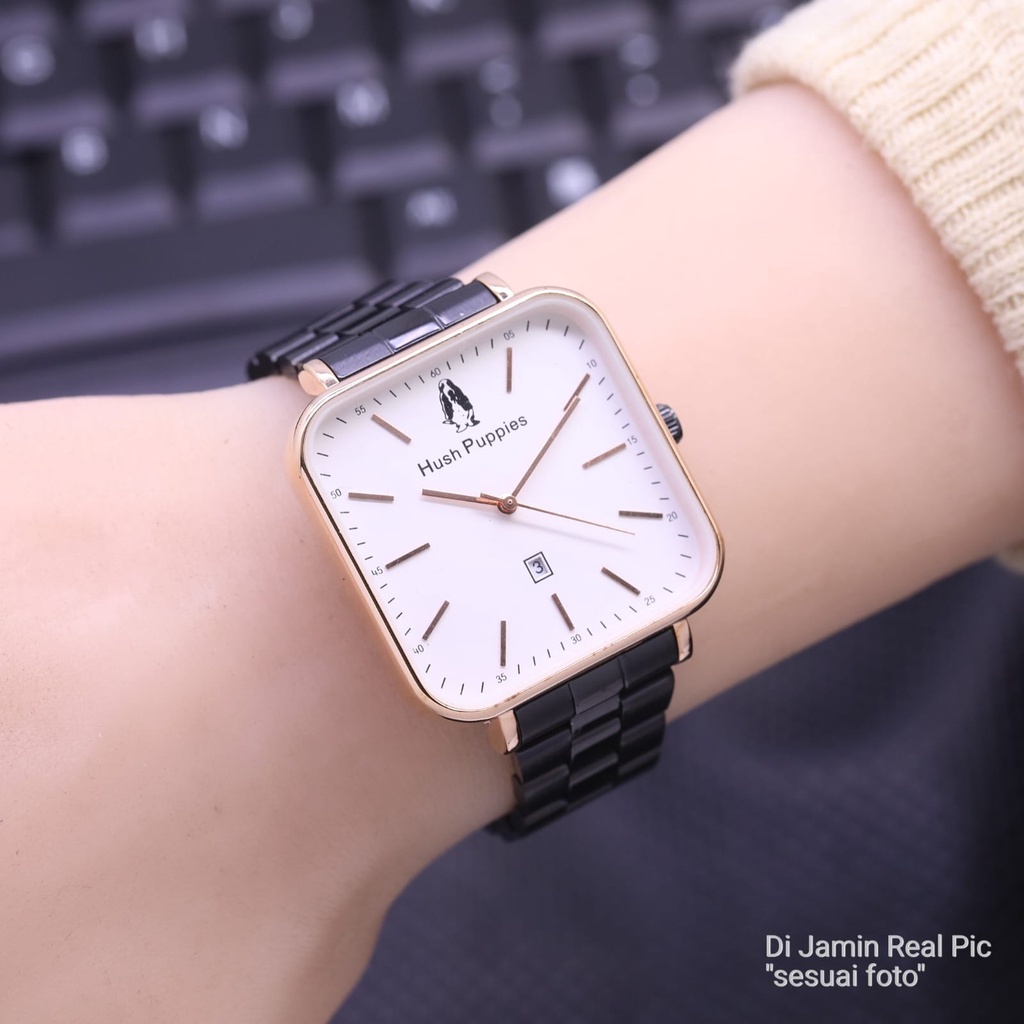 BEST SELLER JAM TANGAN WANITA HUSH PUPPIES STRAP RANTAI KOTAK TANGGAL AKTIF INCLUDE BOX &amp; BATERAI CADANGAN || JAM TANGAN FASHION CEWEK MURAH JAM HUSH PUPIES JAM HP