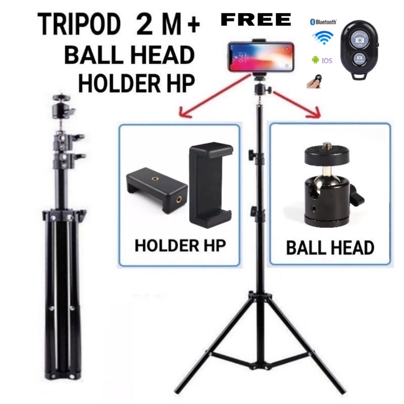 FREE!! TOMSIS + MINI BALL + HOLDER U Tripod Hp Stand 2.1 Meter Stand Holder Phone Holder