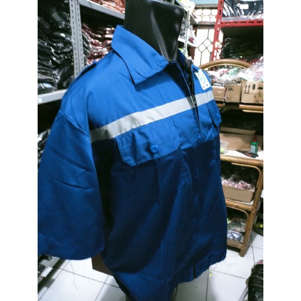 BAJU SAFETY LENGAN PENDEK BIRU RESLETING KAIN DRILL ADEM