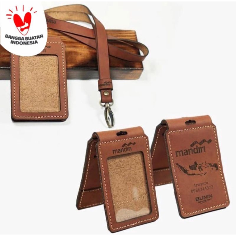 

NAME TAG KULIT ASLI id card kulit premium (MODEL FLIP) custom logo BANK MANDIRI