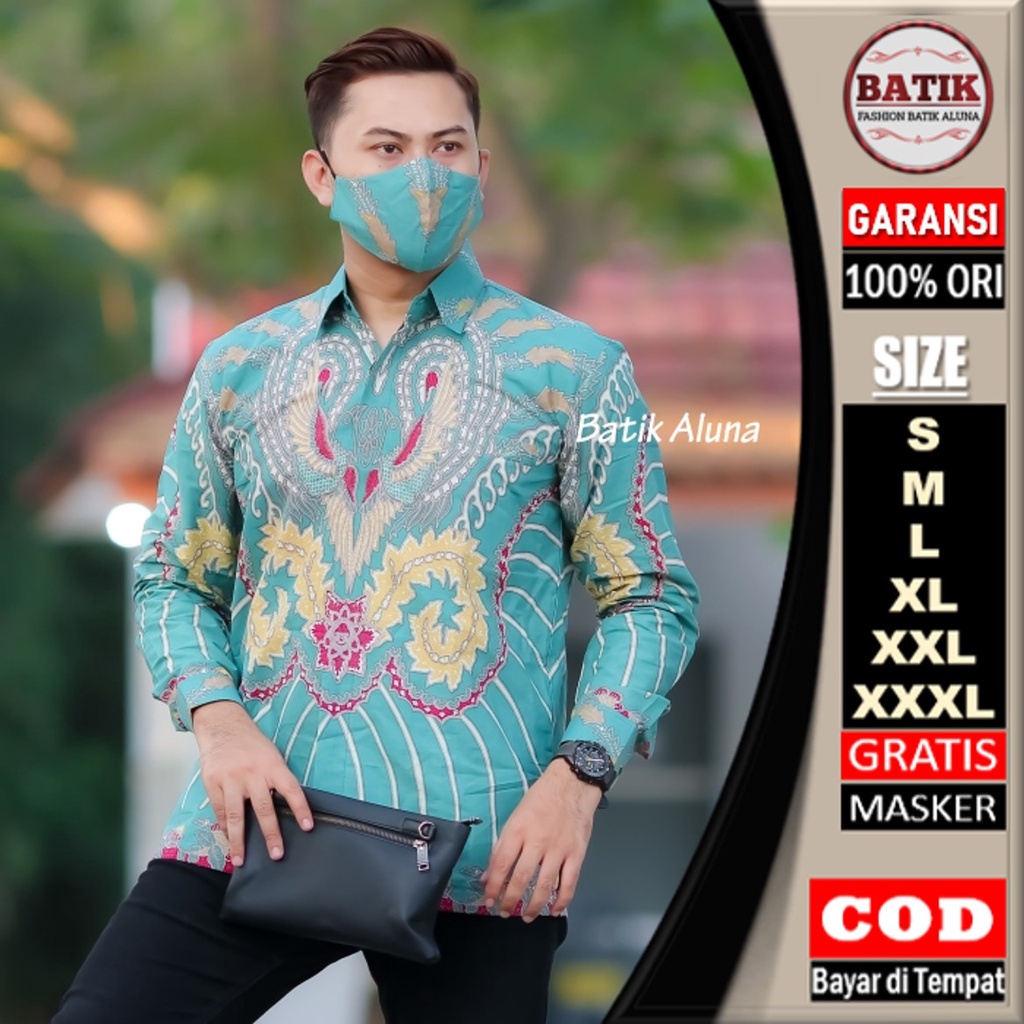 Batik Pria Lengan Panjang Modern Kondangan Premium Lapis Furing Jumbo Kemeja Batik Pria Lengan Panjang Full Furing Biru Baju Batik Pria Lengan Panjang Modern Original Slim Fit Premium Terbaru Solo Bahan Katun Halus Limited Edition FASHION BATIK ALUNA