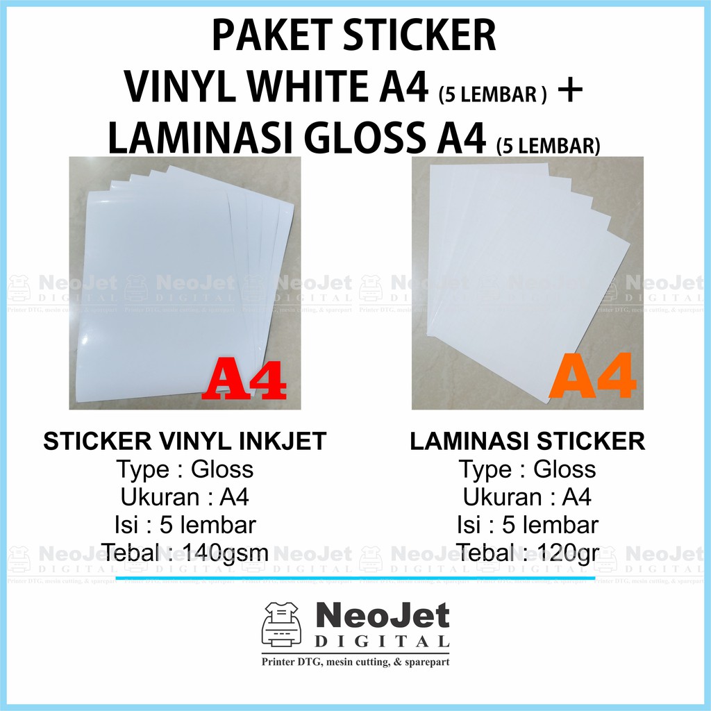 Paket Sticker Stiker  Vinyl  Inkjet Putih Glossy  Laminasi  