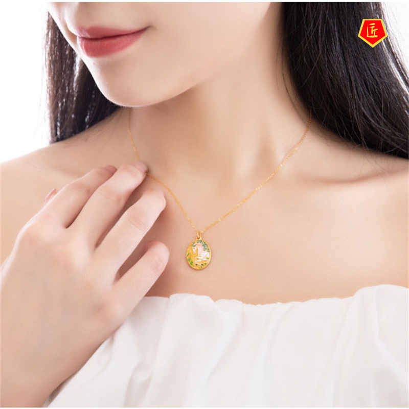 [Ready Stock]Ancient Style Burning Blue Unicorn Pendant 3D Gold Necklace New Fashion