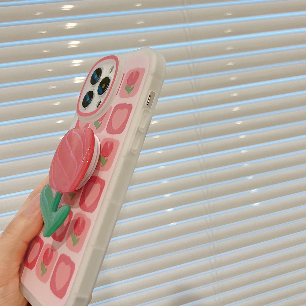 IPHONE Musim Panas Cinta Hati Pink Tulip Bunga Lucu Casing Ponsel Cover Untuk Iphone7 8 PLUS X XR XS 11 12 13 14 MINI PRO MAX SE 2020 Dengan Holder