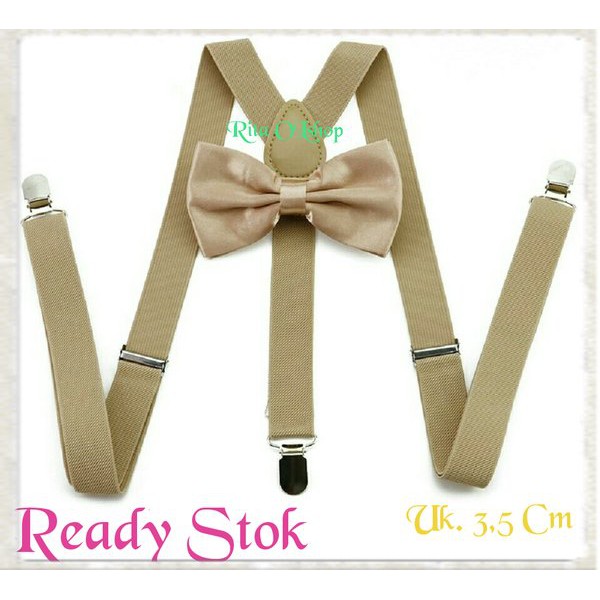 Paket Hemat Suspender dan Dasi Kupu Kupu Warna Cream - Coklat Susu - Kualitas Premium Import dan