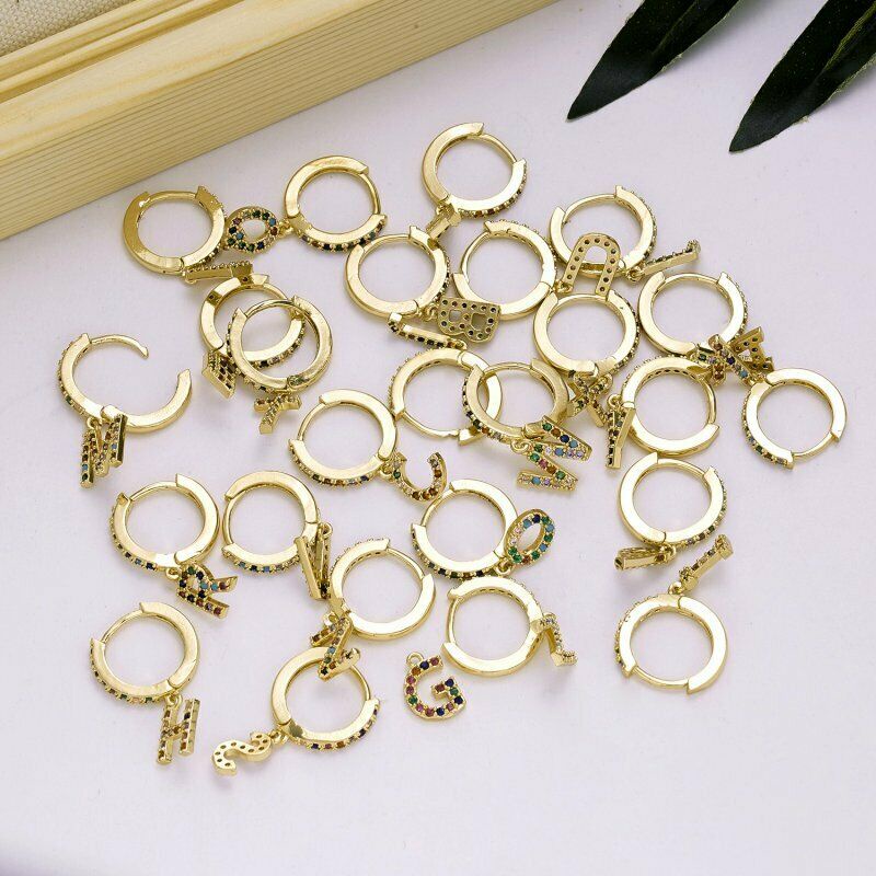 1 Pc Anting Kristal Zircon 18k gold Desain 26 Huruf Warna-Warni Untuk Wanita