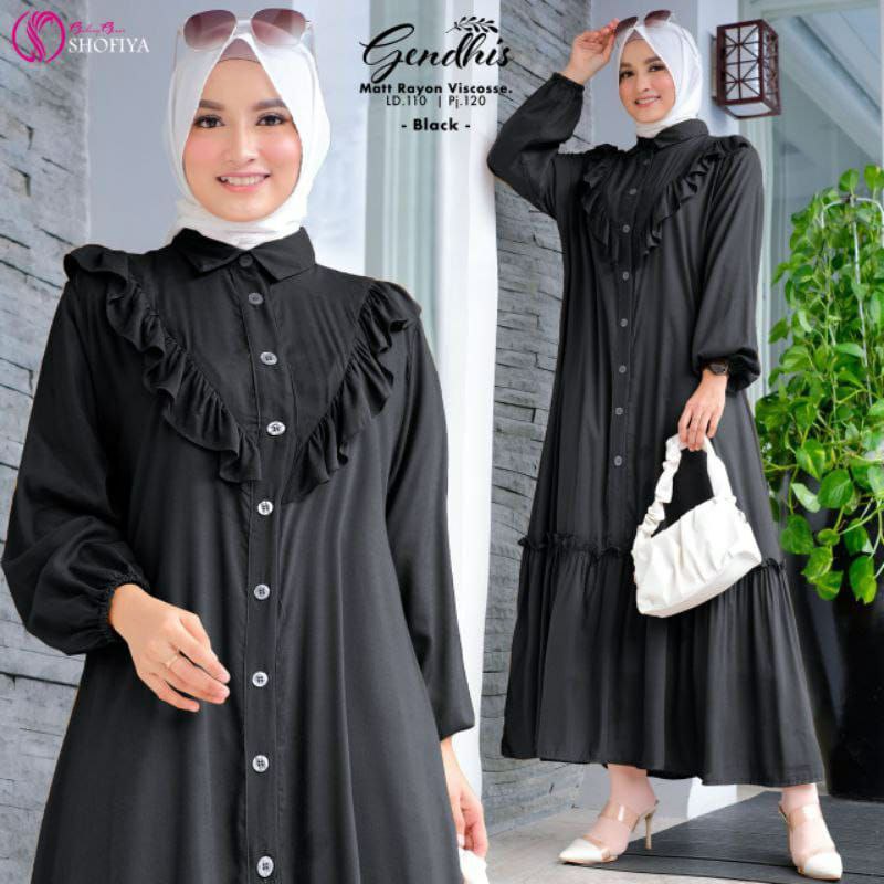 Gamis Terbaru Gendhis Shofiya Rayon Premium Dress Wanita Kerah Peterpan Longdress Rempel Full Kancing LD 115 cm