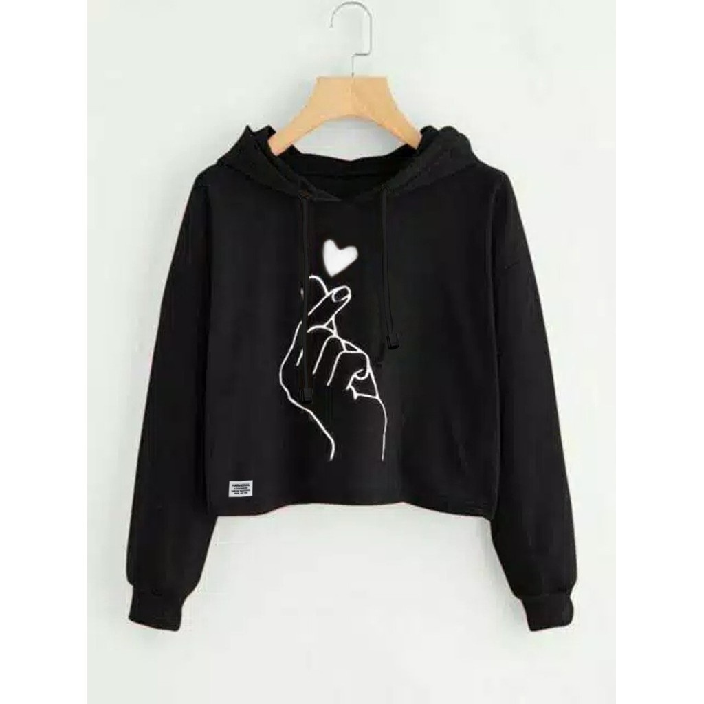 SWEATER CROP HOODIE LOVEHAND BAHAN FRENCHTERRY TERLARIS