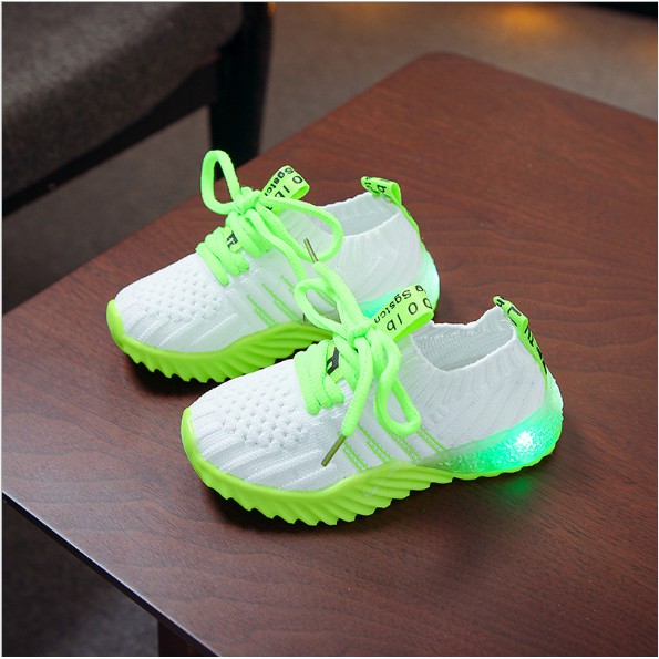 [Size 21-30]  WILL Breathable Sneakers Fashion Kids Shoes dengan Lampu LED Sepatu Anak Casual Shoes-White Green