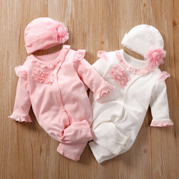 Baju jumper bayi perempuan lengan panjang jumpsuit topi Baju jumper bayi perempuan lengan panjang jumpsuit topi