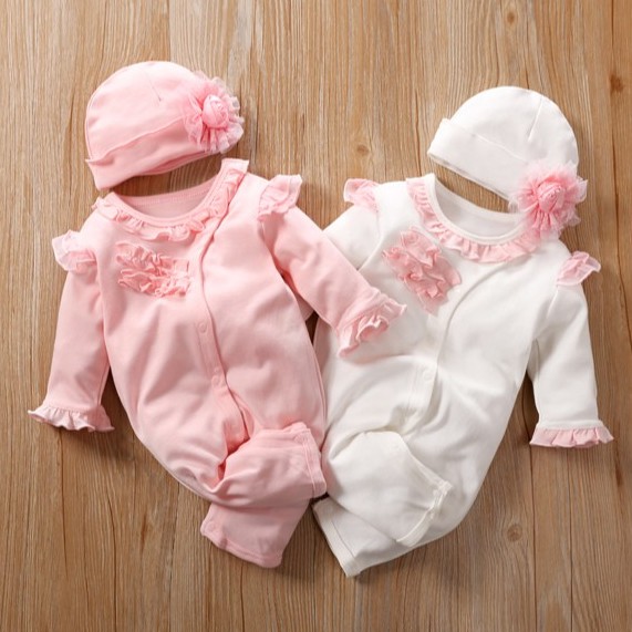  Baju  jumper  bayi  perempuan lengan  panjang  jumpsuit topi 