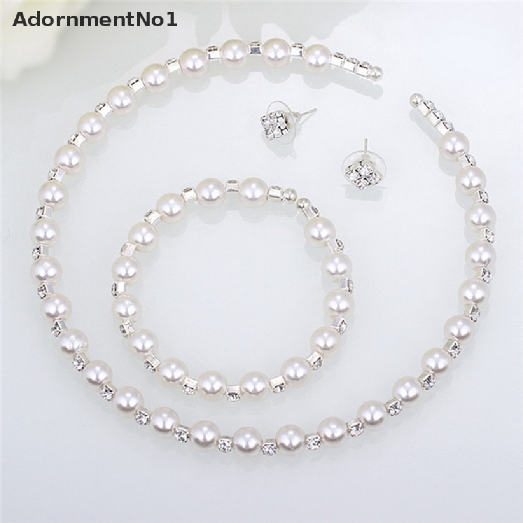 (AdornmentNo1) 1 Set Kalung + Gelang + Anting Gantung Tusuk Aksen Mutiara + Kristal Untuk Perhiasan Wanita / Bridesmaid