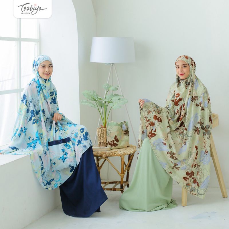 Mukena Tazbiya Flower Mural Series Green/Salem/Navi Jumbo Dewasa Katun Rayon Adem Motif Cantik Traveling