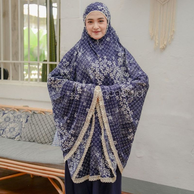 mukena dewasa traveling 2 in 1 navy biru dongker free pouch sleting depan jumbo renda cantik tali ikat bahan rayon premium