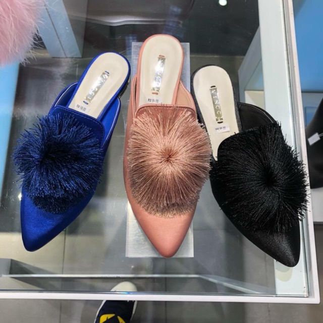 VINCCI Flat selop sandal suede big pom pom navy pink original sale