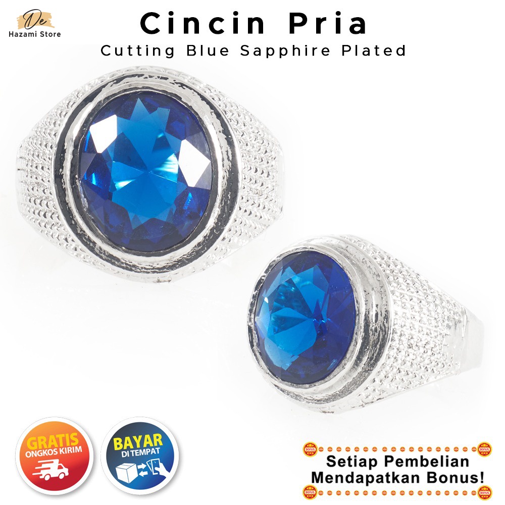 BISA COD Cincin Pria Blue Sapphire Cutting Akik Biru Safir Batu Keren