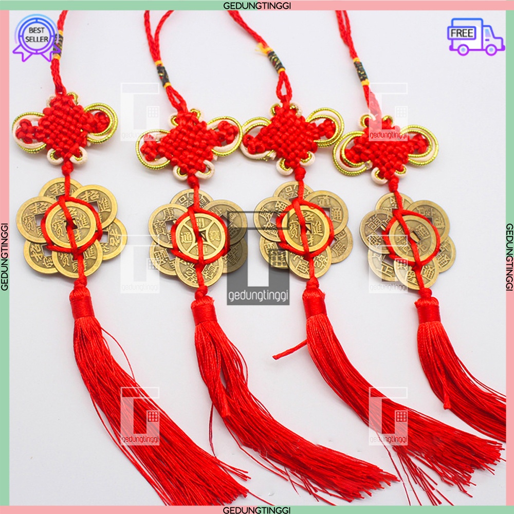 Gantungan Tassel Tasel Pajangan Hiasan Coin Koin Tembaga Kuningan Kuning Emas Gold Fu Fuk Hoki Hook Parcel Hampers Hadiah Imlek Rumbai Anyaman Kepang Benang Tali Merah Emas Fengsui Feng Shui Kaisar Raja Kerajaan Dinasti Cina China Kunci Kuno Mobil Motor