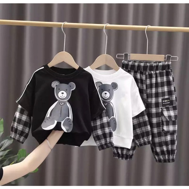 setelan anak baju dan celana anak laki laki motif panda celana kotak kotak 1-5 tahun