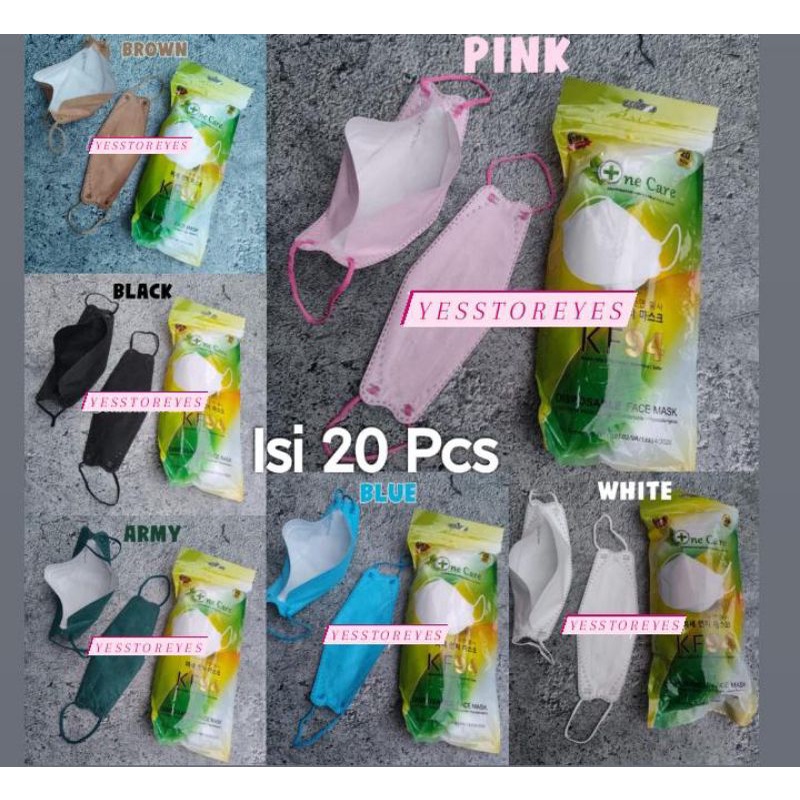 READY KF94 MERK ONECARE KOREA MASK, FISH MASK EARLOOP isi 10 dan isi 20. KF 94 warna PINK ARMY ABU HITAM PUTIH