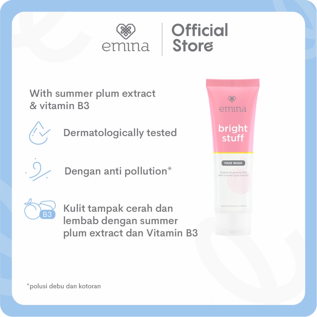 EMINA Bright Stuff Face Wash Indonesia / Pembersih Wajah 50ml 100ml / Brighter &amp; Glowing Look With Summer Plum Extract / Cerah Glowing Anti Kusam Bersih / Skincare Face Care Facial Foam Scrub Cleanser Cleansing / Sabun Cuci Muka Treatment Perawatan Series