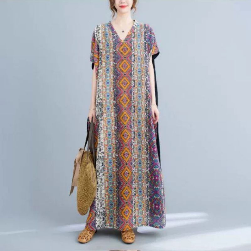 91982 pakaian baju Maxi dress daster Homewere homwer lengan pendek motif santai pantai pesta luaran 