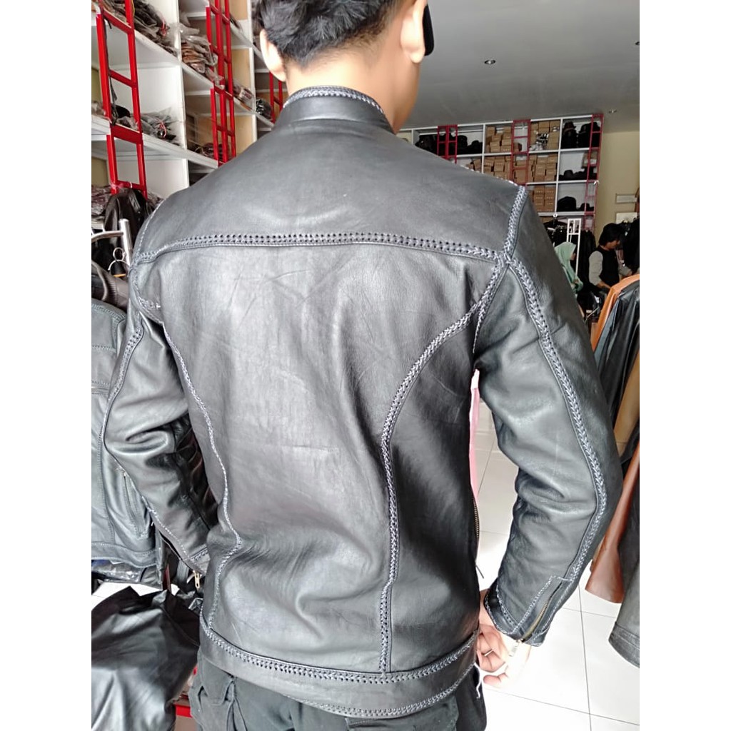 Jaket Kulit Pria Asli Domba Model Jahitan Sulam Elegant Brownie Ariel Noah