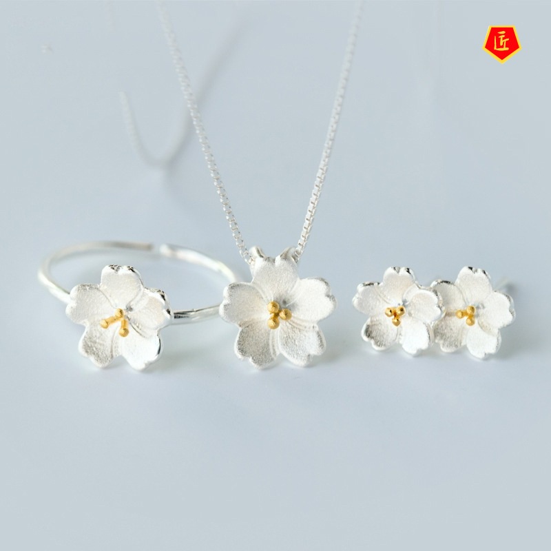 [Ready Stock]Silver Sakura Ring Earings Set Female Korean Style Simple Classic