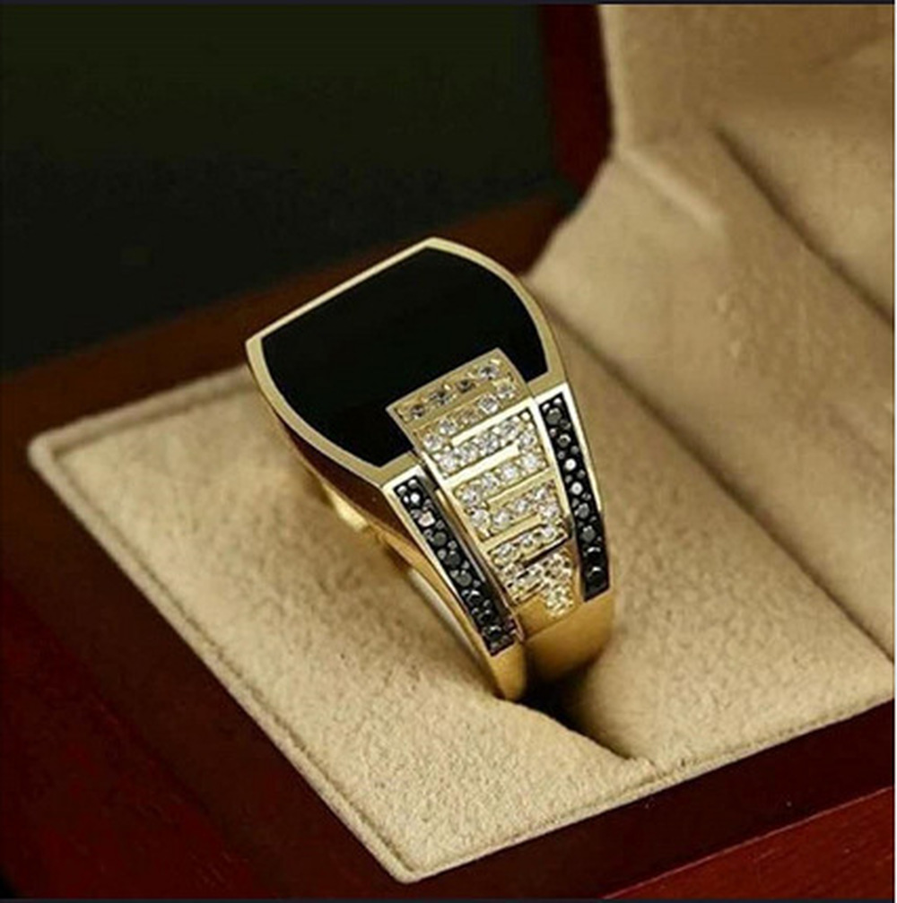 Enamel Berlian Hitam Cincin Pria Baja Titanium Emas Aksesoris Perhiasan Fashion Gold Rings