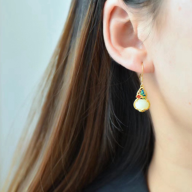 Fancyqube Anting Silver Inlaid Natural Hetian Jasper Froude Gourd Gaya China Retro Palace Untuk Wanita