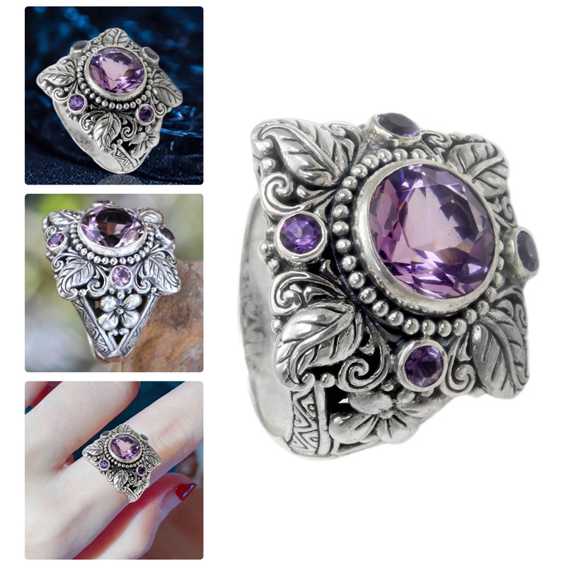 Cincin Meditasi Desain Bunga Amethyst Warna Silver