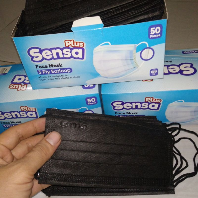 Masker Sensa Plus earlop 3ply/isi50, warna hitam/black