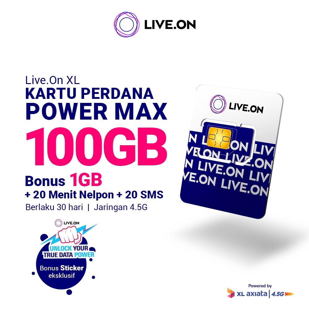 Live.On Kartu Perdana Power Max 100GB + 1GB (30 hari) 4.5G + 20 Menit Nelpon + 20 SMS + Sticker C