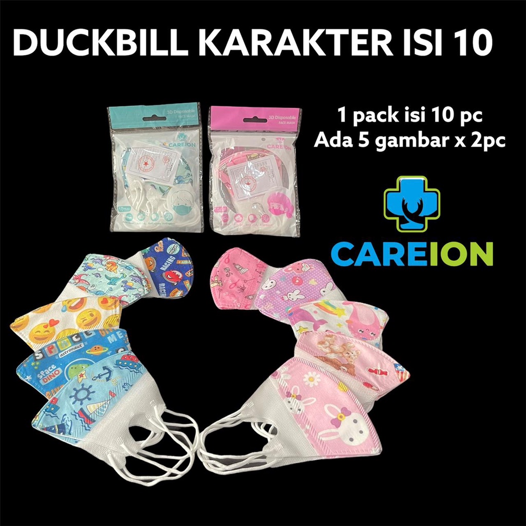 Masker Duck bill Anak CAREION Karakter 3D Masker Earlop Anak Duckbill CAREION 3ply isi 10pc Cewek/Co