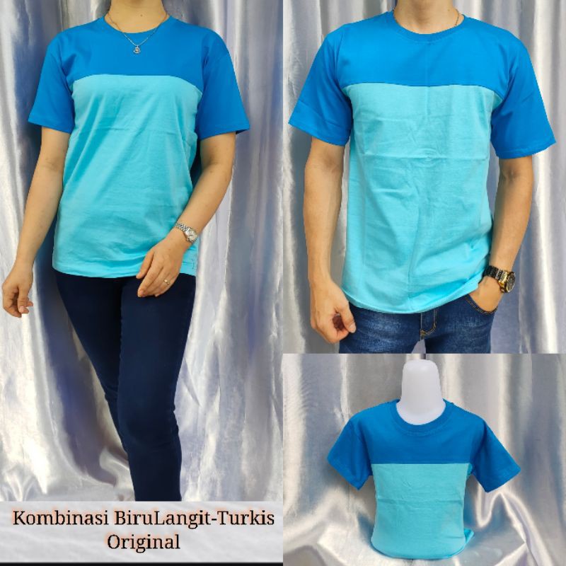 kaos polos reglan dewasa kombinasi BIRULANGIT-TURKIS panjang/ pendek uk m l xl xxl