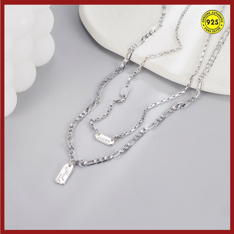 Kalung Rantai Klavikula Bahan S925 Silver Double Layer Dengan Liontin Persegi Tahan Air Anti Karat Untuk Wanita