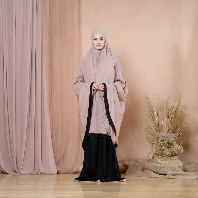 Mukena Tazbiya Mixed Plain Khaki Black / Mukena Polos / Mukena Dewasa / Mukena Tazkia