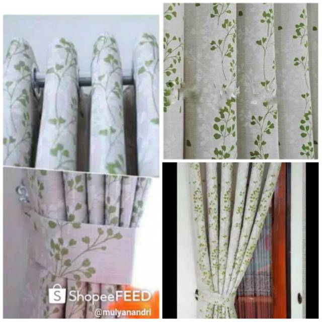Gorden blackout/ gorden bahan saten bridal motif bunga kecil hijou 12 lobang semokring