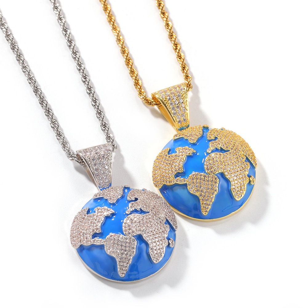 Kalung Liontin Batu Zircon Biru Gaya Hip hop Eropa Dan Amerika Untuk Pria