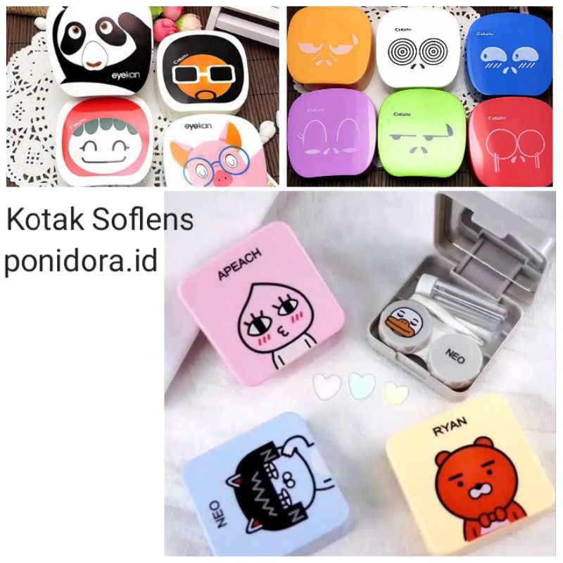 kotak softlens  kaca lengkap ( botol, jepit dan tongkat)- varian Kartun dan emoticon KOTAK SOFLENS