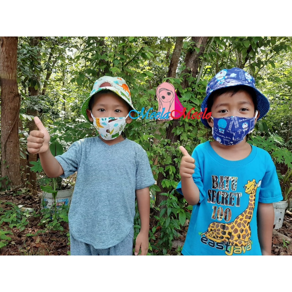 COD SET TOPI BUCKETHAT DAN MASKER ANAK/BAYI | MASKER ANAK 2 LAPIS | TOPI MOTI